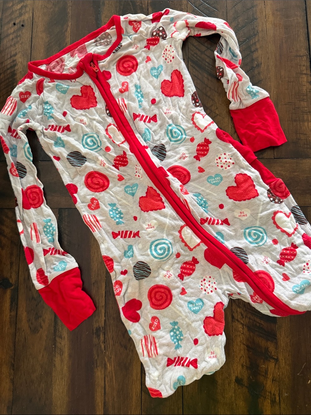 Little Sleepies Red, White, Teal Hearts & Candy Zip Pajamas